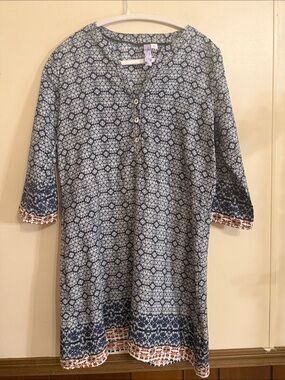 Alya Boho Tunic Dress Small Blue White Print 3/4 Sleeve Made USA
